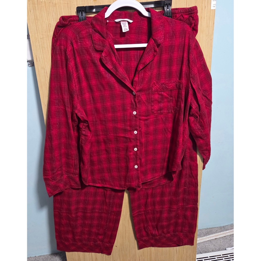 Victoria's Secret Size L Ladies Red Plaid Metallic Shimmer Pajama Set